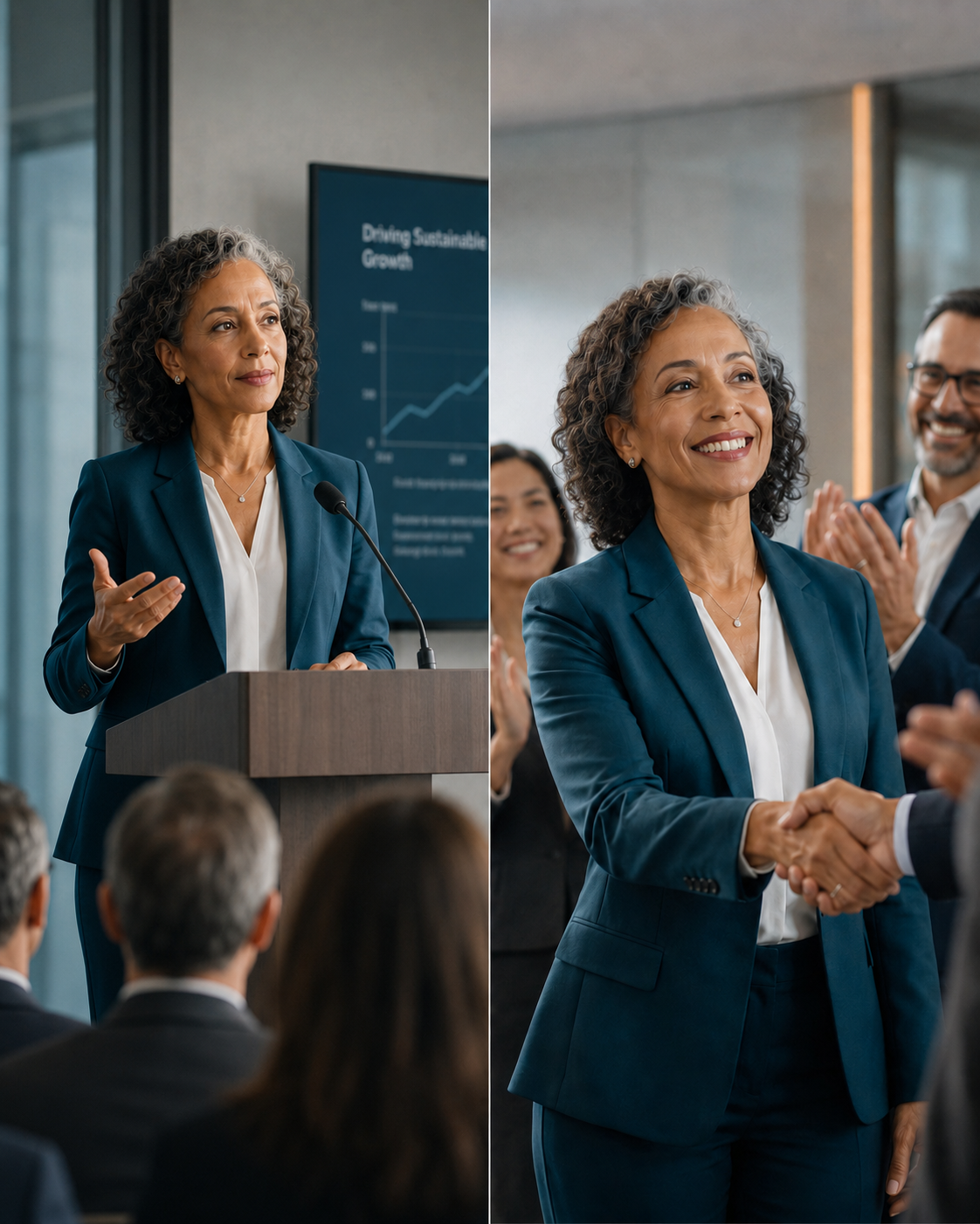 An experienced professional presenting from a podium, then being congratulated with a handshake